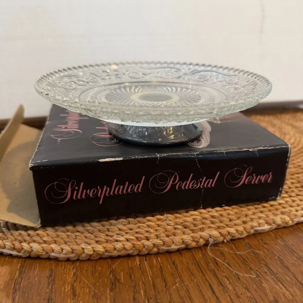 Vintage Silverplated Pedestal Server Glass Dessert Candy Stand w/ Box